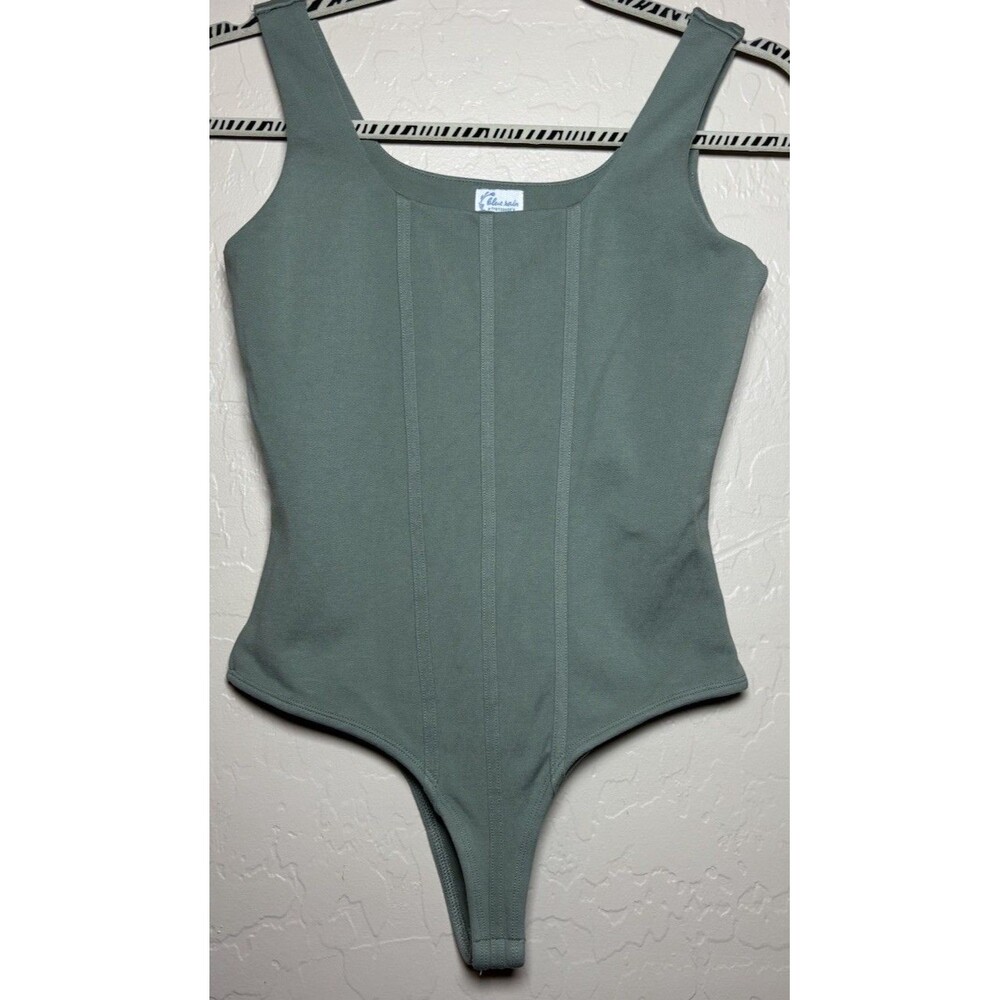 francesca's Womens XS Sage Green Corset Seam Square Neck Thong Bodysuit
